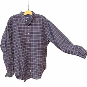 Vintage Ralph Lauren Plaid Button Down Shirt Navy Red Cotton Men’s Large preppy
